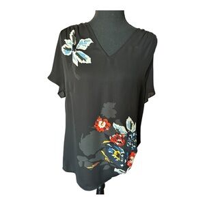 Cabi Women Black Short Sleeve Lightweight Floral V-Neck Top Size Medium